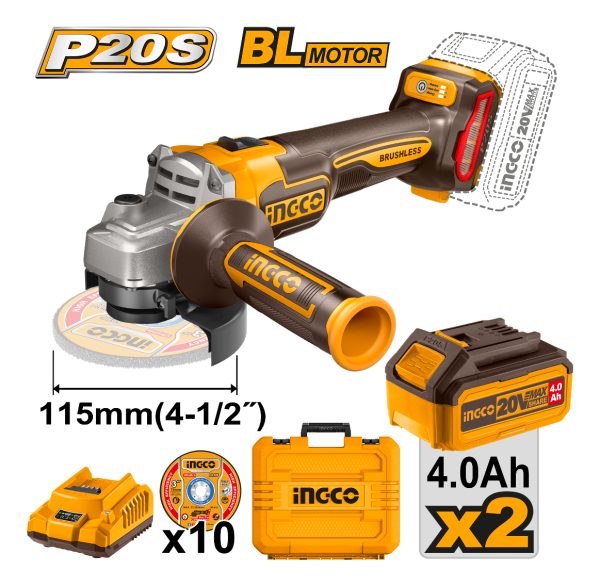 Amoladora 20v Ingco + 2 Baterías 4ah + Cargador Y 10 Discos - Imagen 2