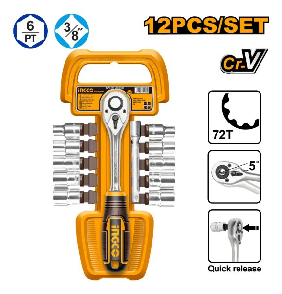 Set 12pcs Crique + Dados Cr-v 3/8 Ingco Hkts38122 - Imagen 2