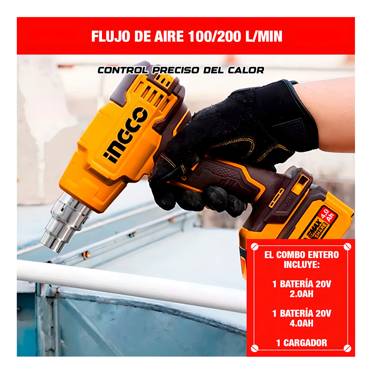 Kit 20v Pistola Calor Multifun Ingco C/bat Y Car En Maetin Color Amarillo - Imagen 2