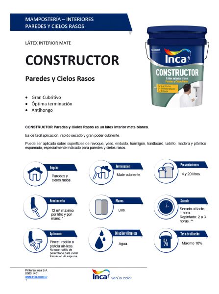 Pintura Para Pared Interior Antihongos Inca Constructor 20kg - Imagen 2