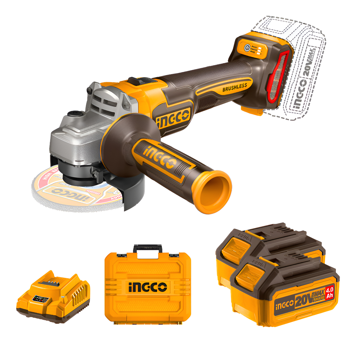 Amoladora 20v Ingco + 2 Baterías 4ah + Cargador Y 10 Discos