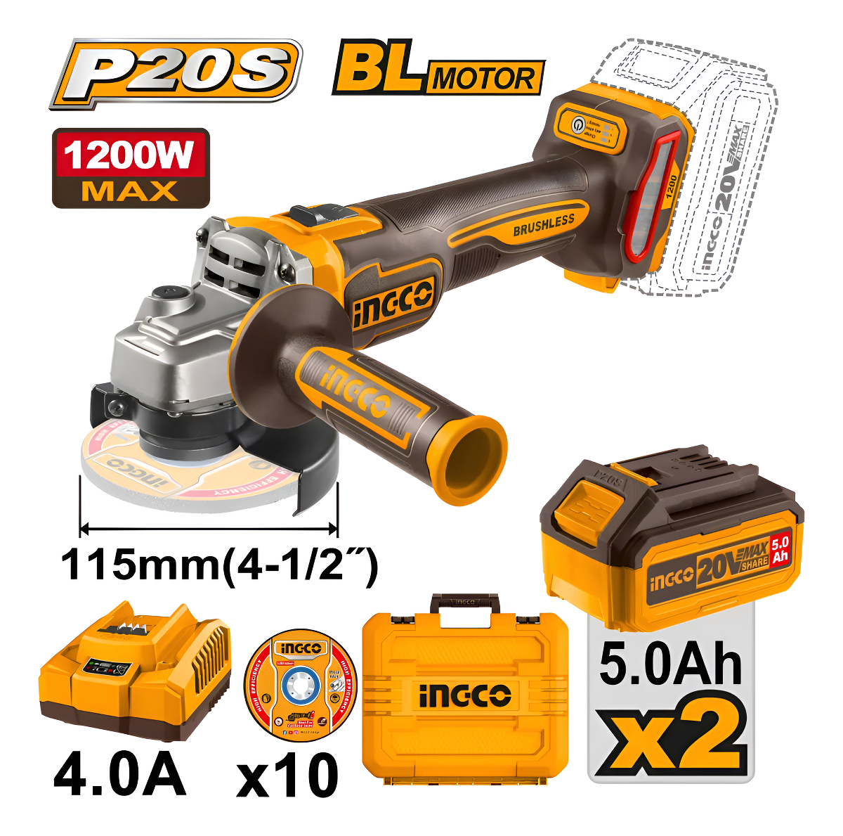 Amoladora 4 1/2 1200w Bat Y Carg Valija Ingco Cagli2211532 Color Amarillo Frecuencia 50hz/60hz