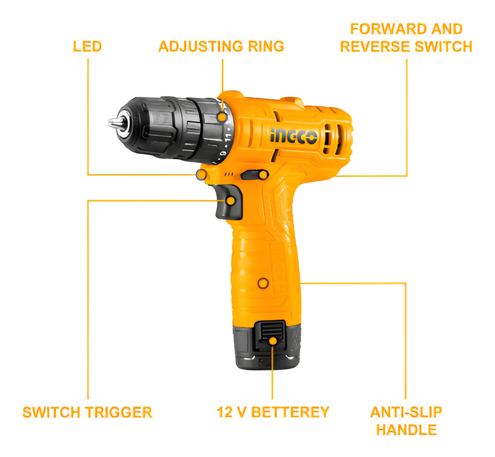 Taladro Atornillador Ingco Inalámbrico + 1 Batería Color Amarillo Frecuencia 50hz 60hz - Imagen 3