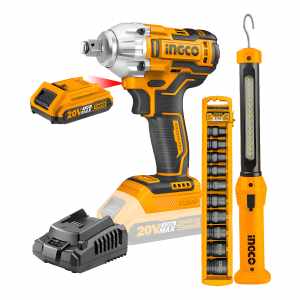 Llave De Impacto 20v 2 Baterías Sin Carbones Ingco + Acceso. Color Amarillo