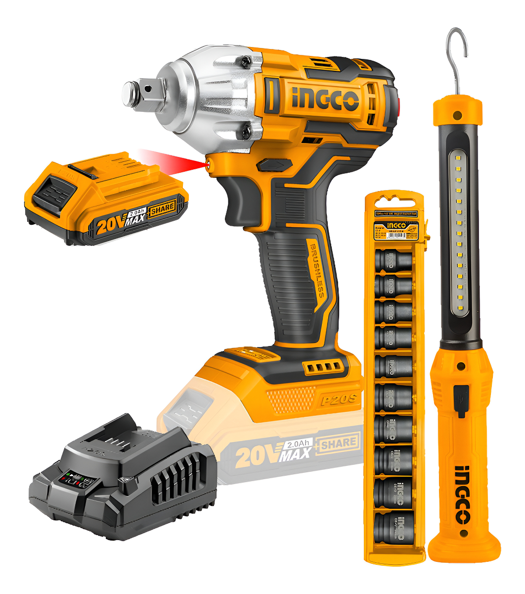 Llave De Impacto 20v 2 Baterías Sin Carbones Ingco + Acceso. Color Amarillo