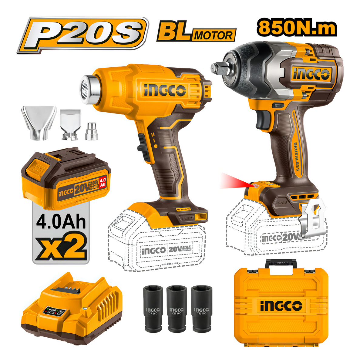 Kit Llave Impacto 850nm Ingco + Pis. Calor Brushless Cosli24 Color Amarillo Frecuencia 50-60