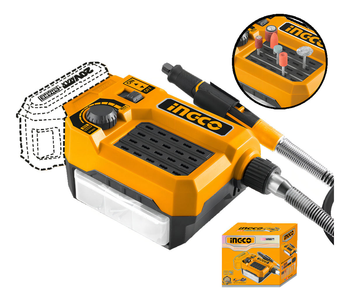 Mini Torno 20v C/ Accesorios Ingco Cmgli2001 S/bat Frecuencia 50/60hz