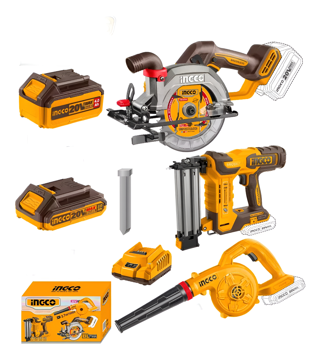 Kit Sierra Circular + Clavadora + Sopladora 20v Ingco Cosli