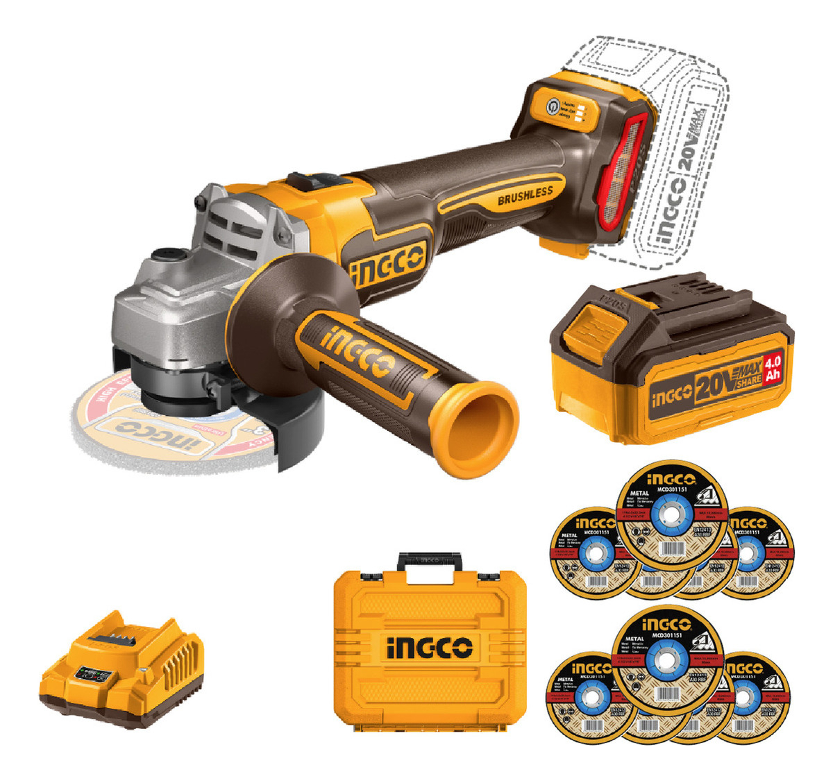 Set Amoladora A Bateria 20v Bl + Valija Ingco Cagli211541 Color Amarillo Frecuencia 50hz
