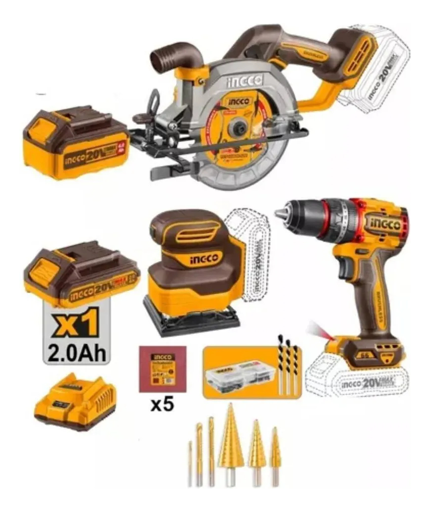 Kit Ingco Bateria Sierra Taladro Atornillador Lijadora
