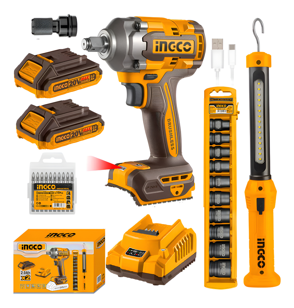 Kit Llave Impacto 20v + Linterna Rec + Dad Cosli23011 Ingco