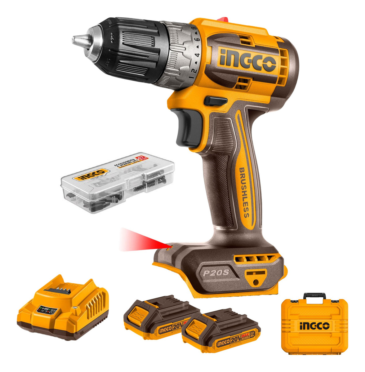 Taladro Atornillador 52nm + 2 Baterias 2ah Y Cargador Ingco Color Amarillo