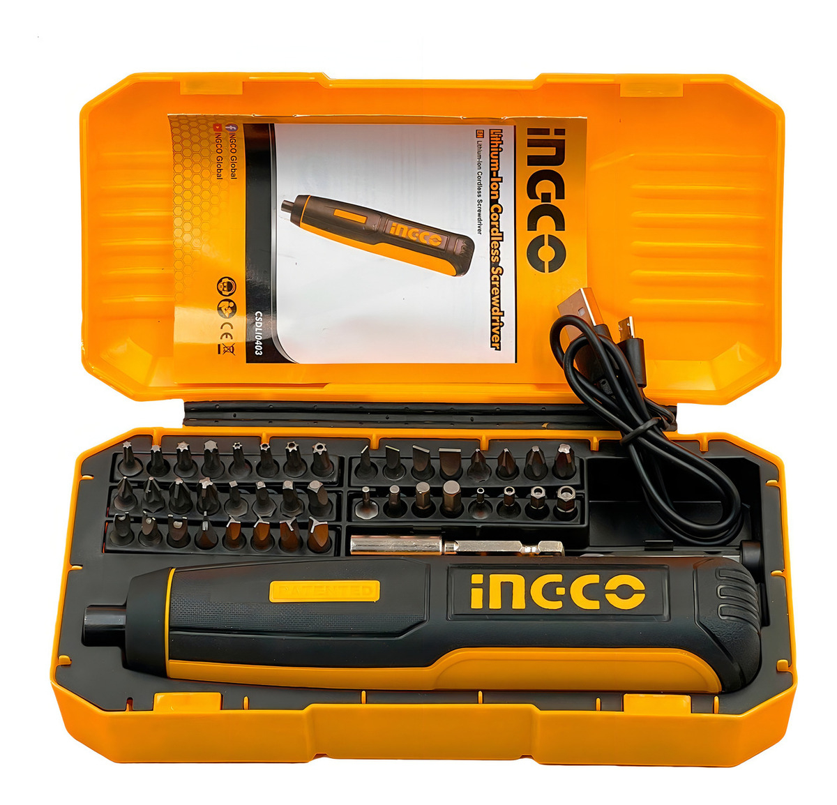 Destornillador Ingco 1/4 4 V Con Batería De Iones De Litio, Puntas Y Carcasa, Color Amarillo, Frecuencia 60 Hz, 110 V/220 V