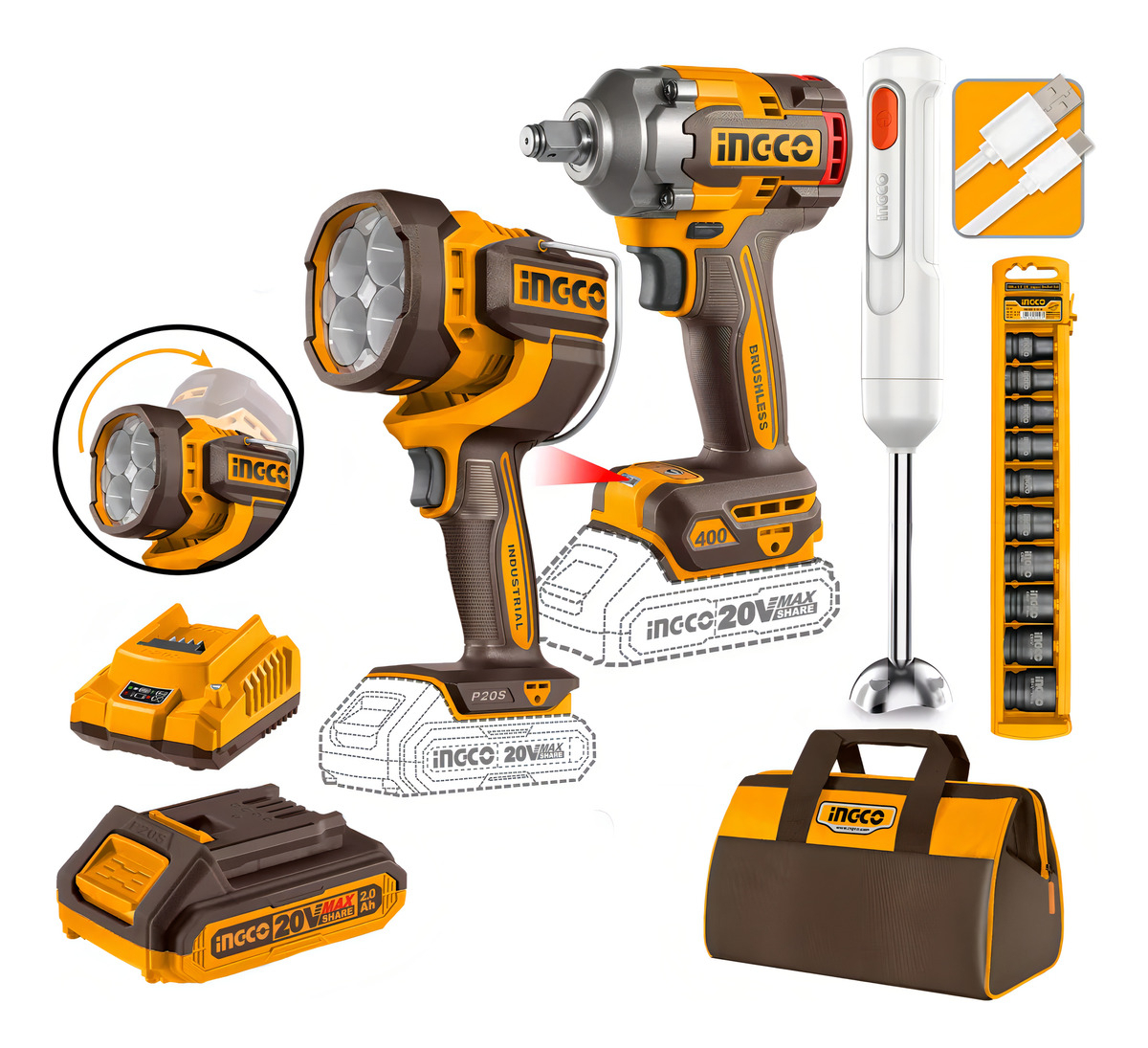 Kit Llave Impacto + Linterna + Mixer Ingco Cosli240961